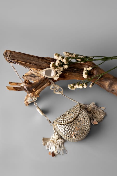 Bhavna Kumar_Gold Beads, Mirrors Metal Mini Bag _Online_at_Aza_Fashions