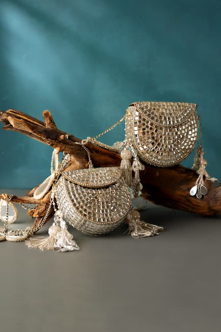 Buy_Bhavna Kumar_Gold Beads, Mirrors Metal Mini Bag _Online_at_Aza_Fashions