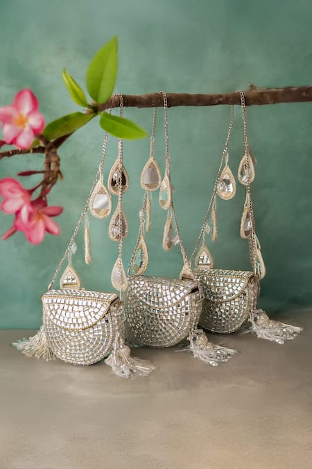 Shop_Bhavna Kumar_Gold Beads, Mirrors Metal Mini Bag _Online_at_Aza_Fashions