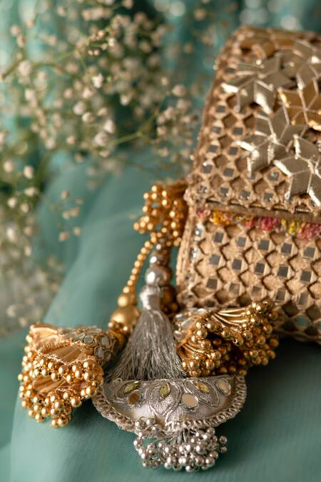 Bhavna Kumar_Gold Gota Patti, Sequins Embellished Clutch _Online_at_Aza_Fashions