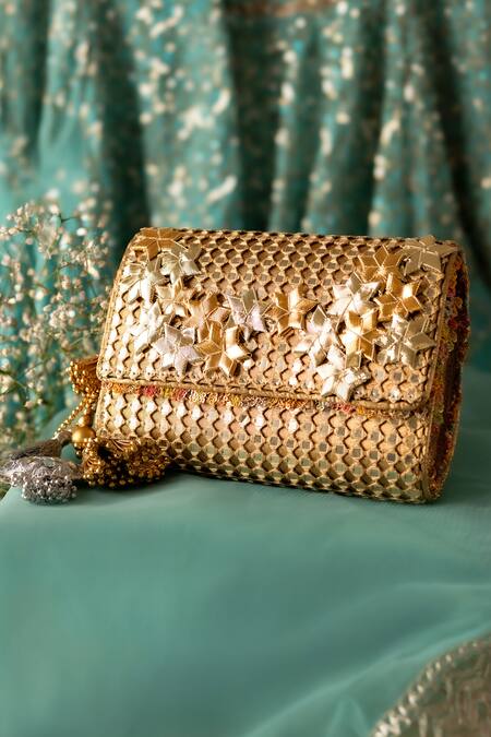 Buy_Bhavna Kumar_Gold Gota Patti, Sequins Embellished Clutch _Online_at_Aza_Fashions