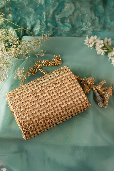 Shop_Bhavna Kumar_Gold Gota Patti, Sequins Embellished Clutch _Online_at_Aza_Fashions