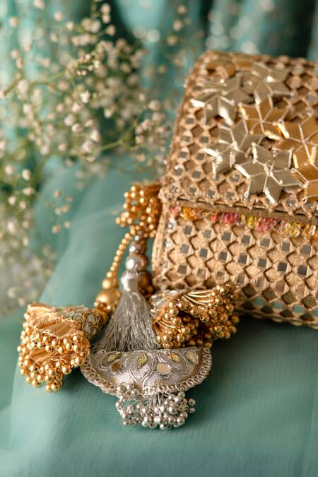Bhavna Kumar_Gold Gota Patti, Sequins Embellished Clutch _at_Aza_Fashions