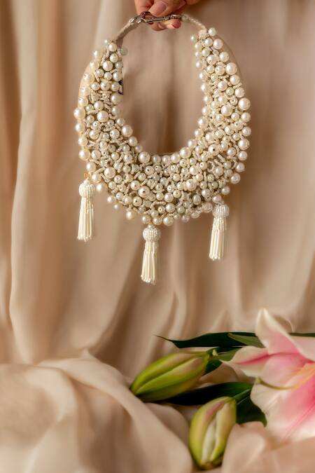 Buy_Bhavna Kumar_White Beads, Tassels Pearl Crescent Mini Bag_Online_at_Aza_Fashions