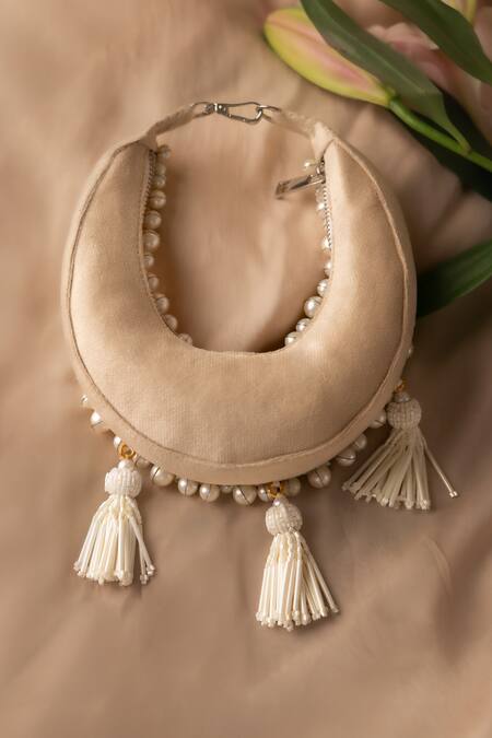 Shop_Bhavna Kumar_White Beads, Tassels Pearl Crescent Mini Bag_Online_at_Aza_Fashions