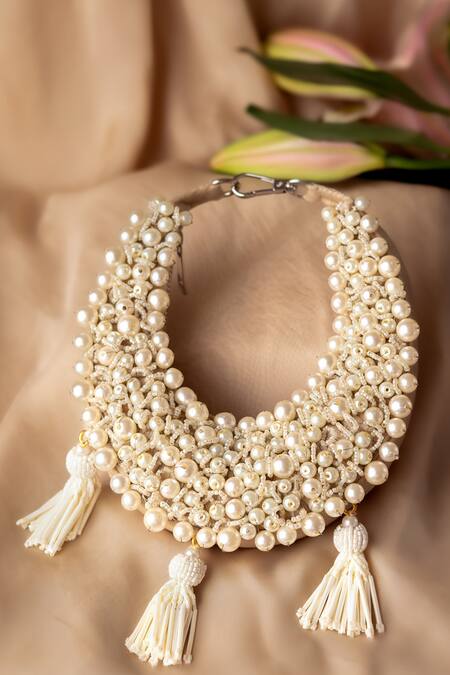 Bhavna Kumar_White Beads, Tassels Pearl Crescent Mini Bag_at_Aza_Fashions
