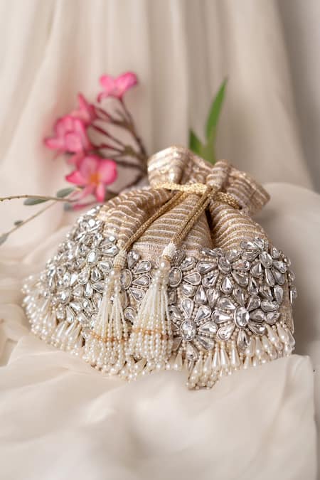Bhavna Kumar_Gold Embroidery, Beads Kundan Embellished Potli Bag _Online_at_Aza_Fashions