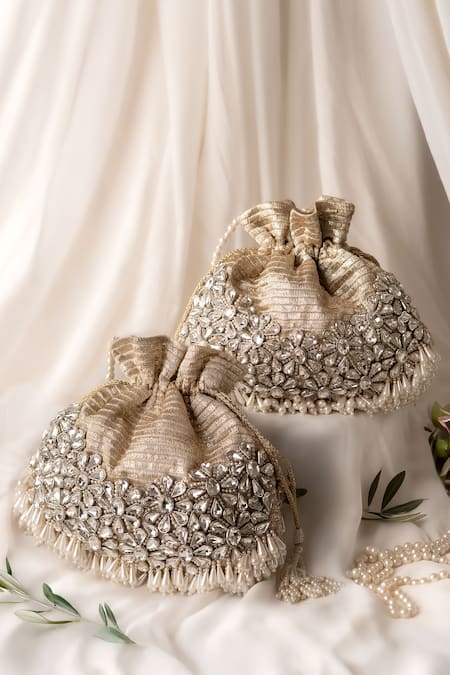 Bhavna Kumar_Gold Embroidery, Beads Kundan Embellished Potli Bag _at_Aza_Fashions