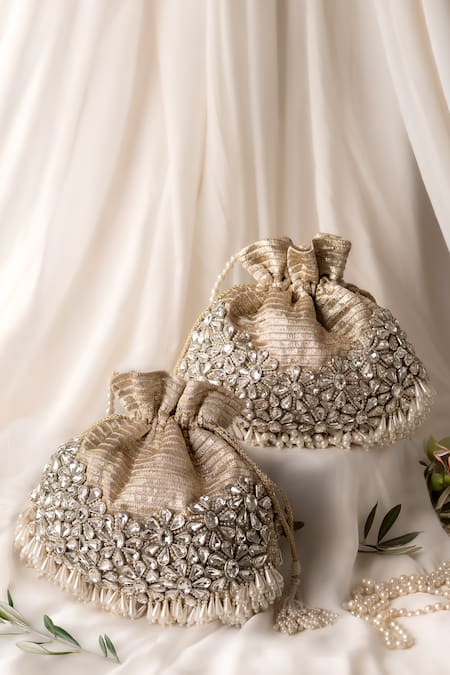 Shop_Bhavna Kumar_Gold Embroidery, Beads Kundan Embellished Potli Bag 