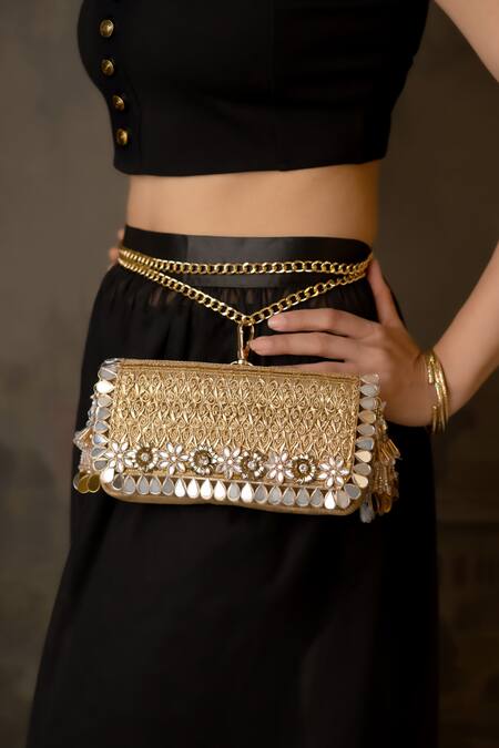 Bhavna Kumar_Gold Beads, Metallic Thread Woven Silk Designer Clutch _Online_at_Aza_Fashions