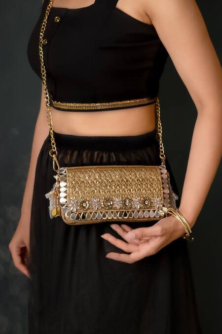 Buy_Bhavna Kumar_Gold Beads, Metallic Thread Woven Silk Designer Clutch _Online_at_Aza_Fashions