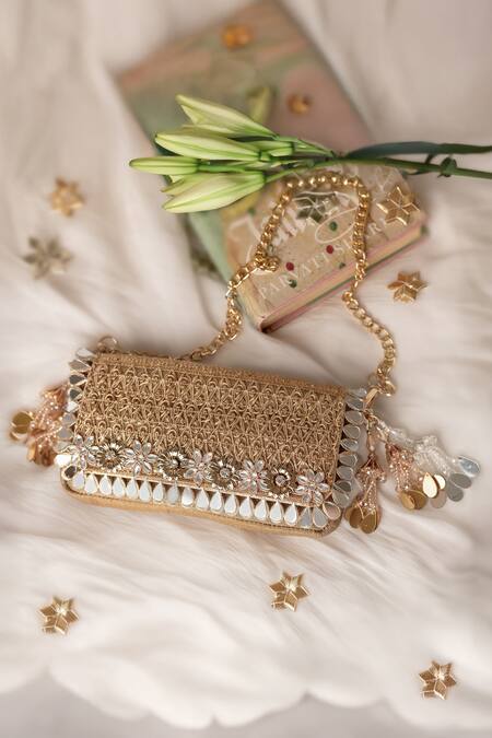 Bhavna Kumar_Gold Beads, Metallic Thread Woven Silk Designer Clutch _at_Aza_Fashions
