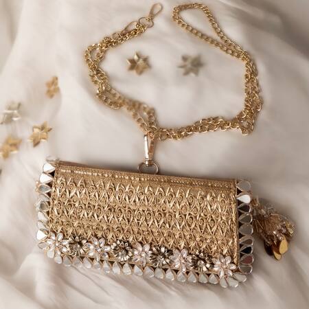 Shop_Bhavna Kumar_Gold Beads, Metallic Thread Woven Silk Designer Clutch 