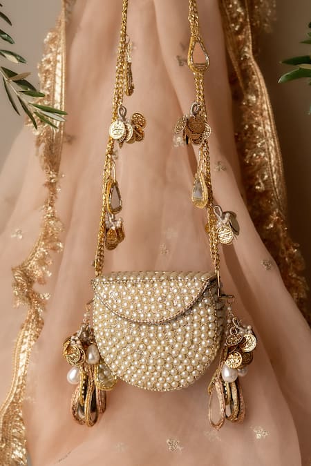 Bhavna Kumar_White Beads, Mirrors Pearl Metal Mini Bag _Online_at_Aza_Fashions