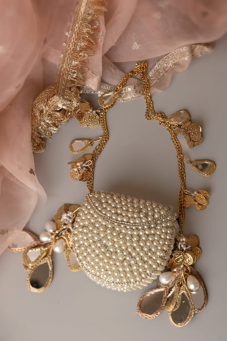 Buy_Bhavna Kumar_White Beads, Mirrors Pearl Metal Mini Bag _Online_at_Aza_Fashions