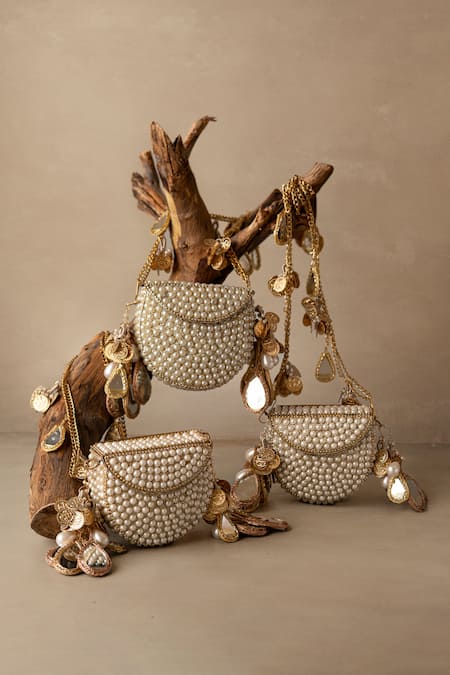 Shop_Bhavna Kumar_White Beads, Mirrors Pearl Metal Mini Bag _Online_at_Aza_Fashions