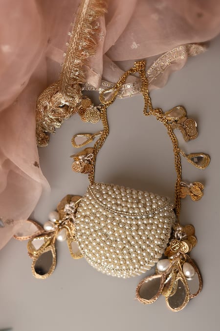 Bhavna Kumar_White Beads, Mirrors Pearl Metal Mini Bag _at_Aza_Fashions