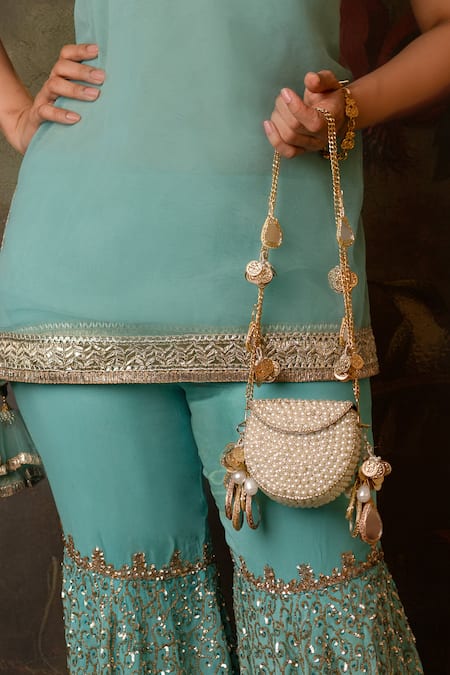 Buy_Bhavna Kumar_White Beads, Mirrors Pearl Metal Mini Bag 