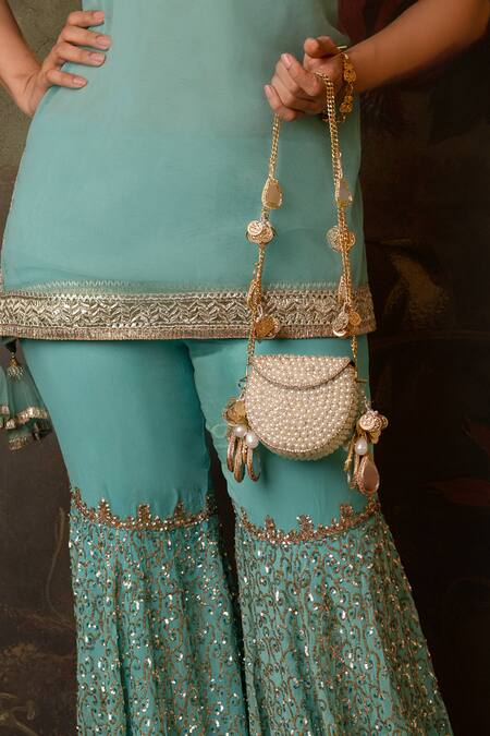Shop_Bhavna Kumar_White Beads, Mirrors Pearl Metal Mini Bag 