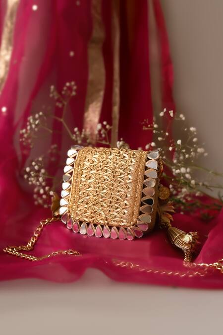 Bhavna Kumar_Gold Sequins, Mirrors, Tassels Designer Mini Clutch _Online_at_Aza_Fashions