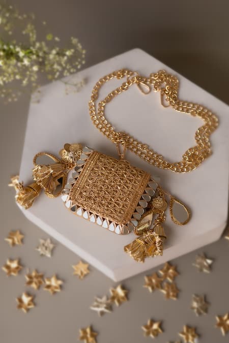 Buy_Bhavna Kumar_Gold Sequins, Mirrors, Tassels Designer Mini Clutch _Online_at_Aza_Fashions