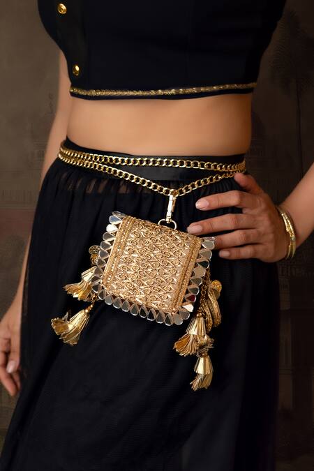 Bhavna Kumar_Gold Sequins, Mirrors, Tassels Designer Mini Clutch _at_Aza_Fashions