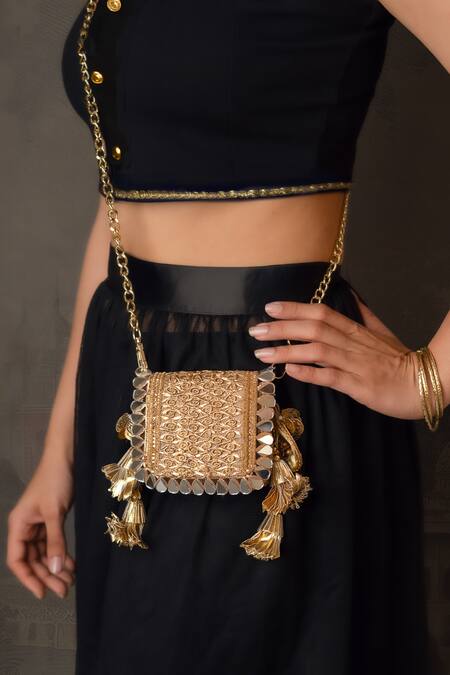 Shop_Bhavna Kumar_Gold Sequins, Mirrors, Tassels Designer Mini Clutch 