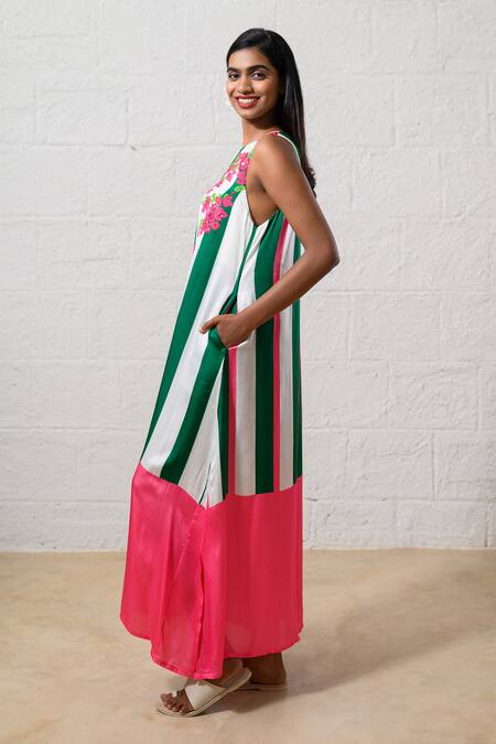 Shop Prachi Kamat Green Modal, Satin Embroidery Round Neck And White Floral Dress Online at Aza Fashions Shop_Prachi Kamat_Green Modal, Satin Embroidery Round Neck And White Floral Dress _Online_at_Aza_Fashions