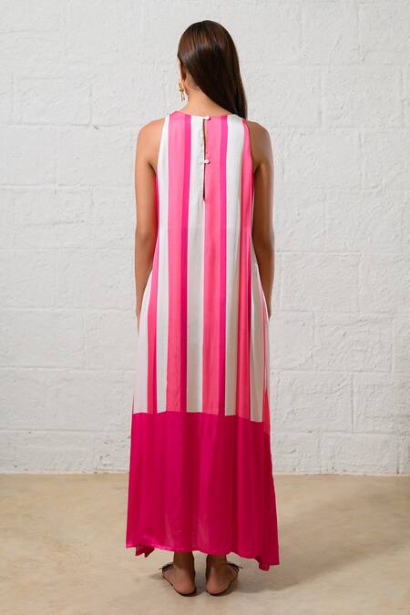 Shop Prachi Kamat Pink Modal, Satin Embroidery Round Neck Floral Striped Maxi Dress at Aza Fashions Shop_Prachi Kamat_Pink Modal, Satin Embroidery Round Neck Floral Striped Maxi Dress _at_Aza_Fashions