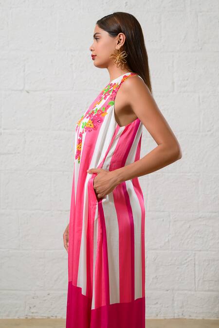 Prachi Kamat Pink Modal, Satin Embroidery Round Neck Floral Striped Maxi Dress Online at Aza Fashions Prachi Kamat_Pink Modal, Satin Embroidery Round Neck Floral Striped Maxi Dress _Online_at_Aza_Fashions