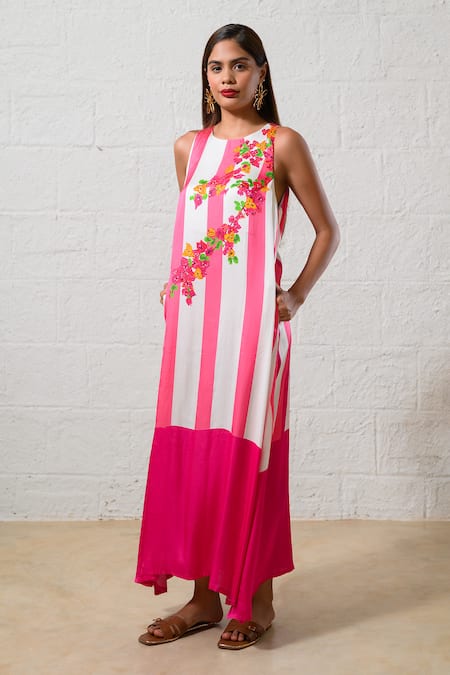 Prachi Kamat Pink Modal, Satin Embroidery Round Neck Floral Striped Maxi Dress 