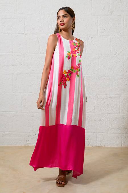 Buy Prachi Kamat Pink Modal, Satin Embroidery Round Neck Floral Striped Maxi Dress Online at Aza Fashions Buy_Prachi Kamat_Pink Modal, Satin Embroidery Round Neck Floral Striped Maxi Dress _Online_at_Aza_Fashions
