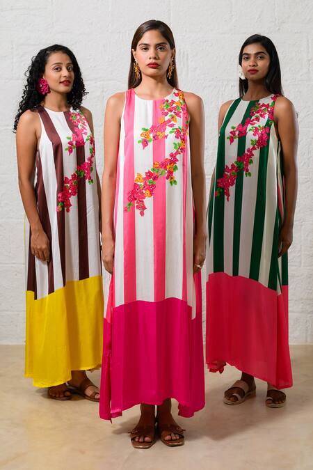 Shop Prachi Kamat Pink Modal, Satin Embroidery Round Neck Floral Striped Maxi Dress Online at Aza Fashions Shop_Prachi Kamat_Pink Modal, Satin Embroidery Round Neck Floral Striped Maxi Dress _Online_at_Aza_Fashions