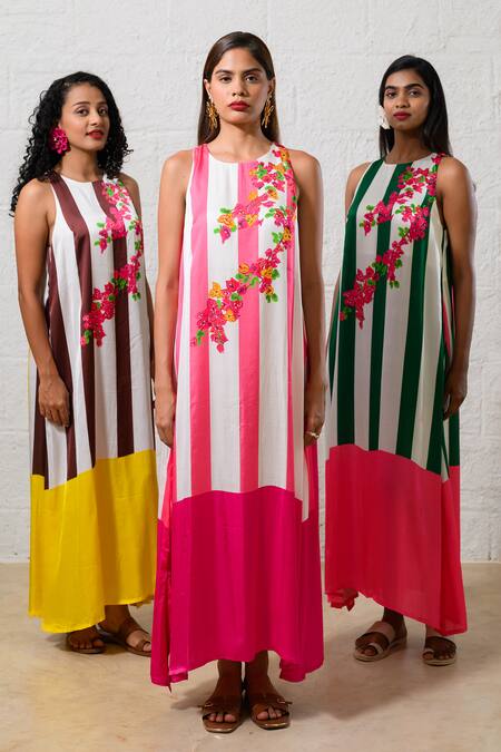 Prachi Kamat Brown Modal, Satin Embroidery Round Neck And White Floral Maxi Dress Online at Aza Fashions Prachi Kamat_Brown Modal, Satin Embroidery Round Neck And White Floral Maxi Dress _Online_at_Aza_Fashions
