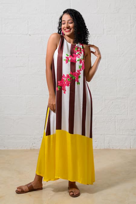 Prachi Kamat Brown Modal, Satin Embroidery Round Neck And White Floral Maxi Dress 
