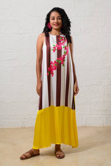 Shop Prachi Kamat Brown Modal, Satin Embroidery Round Neck And White Floral Maxi Dress Online at Aza Fashions Shop_Prachi Kamat_Brown Modal, Satin Embroidery Round Neck And White Floral Maxi Dress _Online_at_Aza_Fashions
