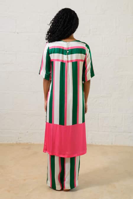 Shop Prachi Kamat Green Modal, Satin Embroidery Round Neck Striped Designer Kurta Set at Aza Fashions Shop_Prachi Kamat_Green Modal, Satin Embroidery Round Neck Striped Designer Kurta Set _at_Aza_Fashions