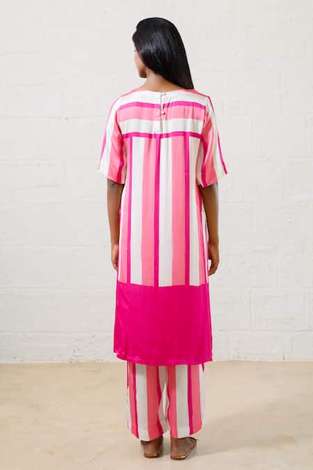 Shop Prachi Kamat Pink Modal, Satin Embroidery Round Neck Striped Kurta And Pant Set at Aza Fashions Shop_Prachi Kamat_Pink Modal, Satin Embroidery Round Neck Striped Kurta And Pant Set _at_Aza_Fashions