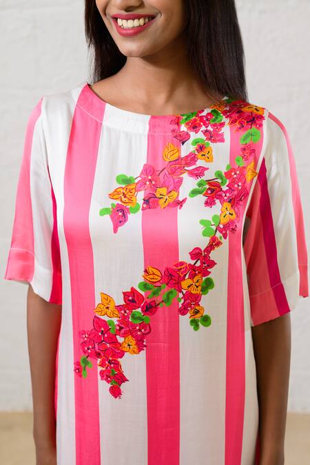 Buy Prachi Kamat Pink Modal, Satin Embroidery Round Neck Striped Kurta And Pant Set Online at Aza Fashions Buy_Prachi Kamat_Pink Modal, Satin Embroidery Round Neck Striped Kurta And Pant Set _Online_at_Aza_Fashions