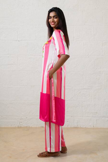 Shop Prachi Kamat Pink Modal, Satin Embroidery Round Neck Striped Kurta And Pant Set Online at Aza Fashions Shop_Prachi Kamat_Pink Modal, Satin Embroidery Round Neck Striped Kurta And Pant Set _Online_at_Aza_Fashions