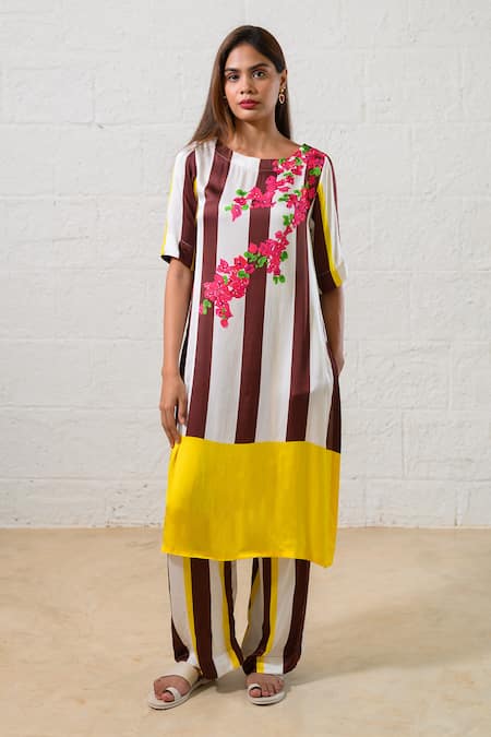 Prachi Kamat Brown Modal, Satin Embroidery Round Neck Striped Designer Kurta Pant Set 