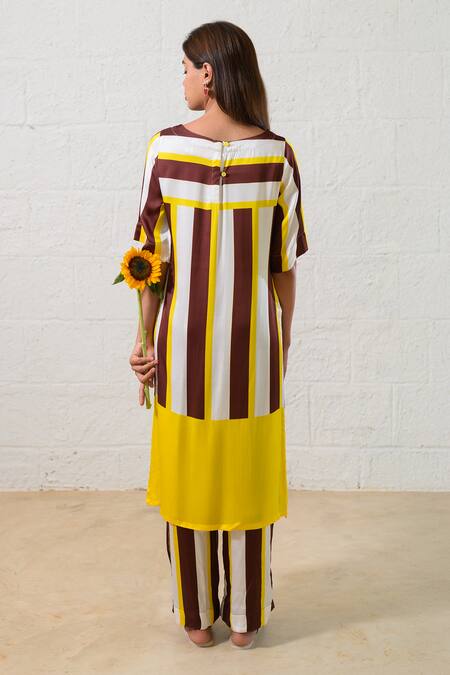 Shop Prachi Kamat Brown Modal, Satin Embroidery Round Neck Striped Designer Kurta Pant Set at Aza Fashions Shop_Prachi Kamat_Brown Modal, Satin Embroidery Round Neck Striped Designer Kurta Pant Set _at_Aza_Fashions