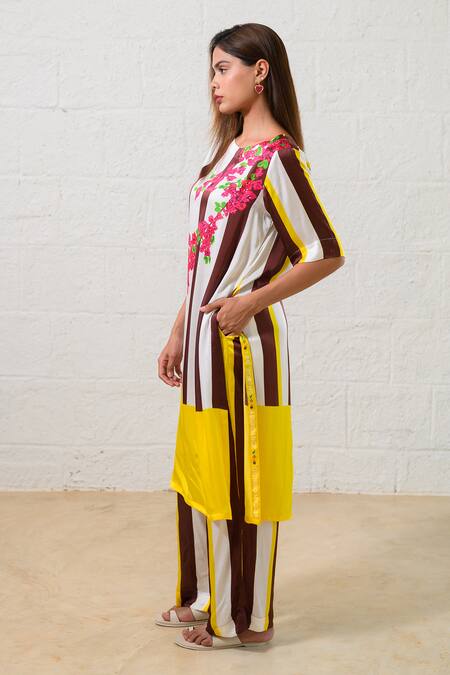 Buy Prachi Kamat Brown Modal, Satin Embroidery Round Neck Striped Designer Kurta Pant Set Online at Aza Fashions Buy_Prachi Kamat_Brown Modal, Satin Embroidery Round Neck Striped Designer Kurta Pant Set _Online_at_Aza_Fashions