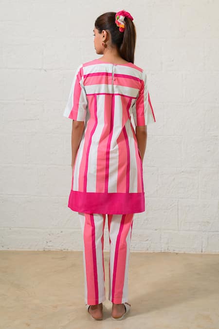 Shop Prachi Kamat Pink Poplin Embroidery Round Neck And White Striped Kurta Pant Set at Aza Fashions Shop_Prachi Kamat_Pink Poplin Embroidery Round Neck And White Striped Kurta Pant Set _at_Aza_Fashions
