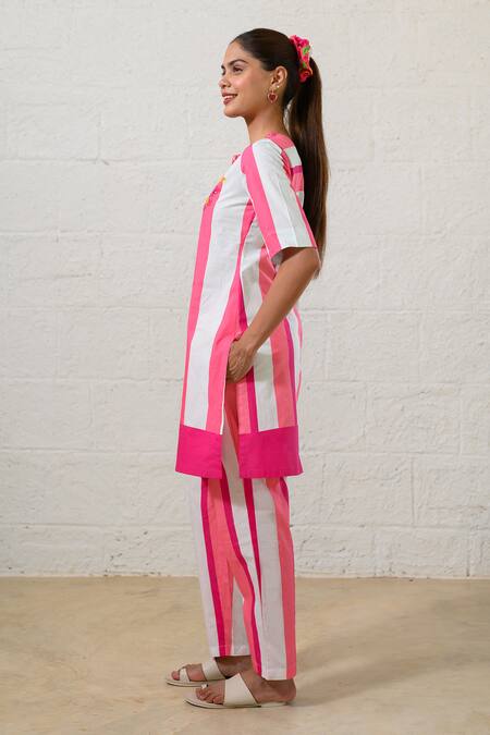 Prachi Kamat Pink Poplin Embroidery Round Neck And White Striped Kurta Pant Set Online at Aza Fashions Prachi Kamat_Pink Poplin Embroidery Round Neck And White Striped Kurta Pant Set _Online_at_Aza_Fashions