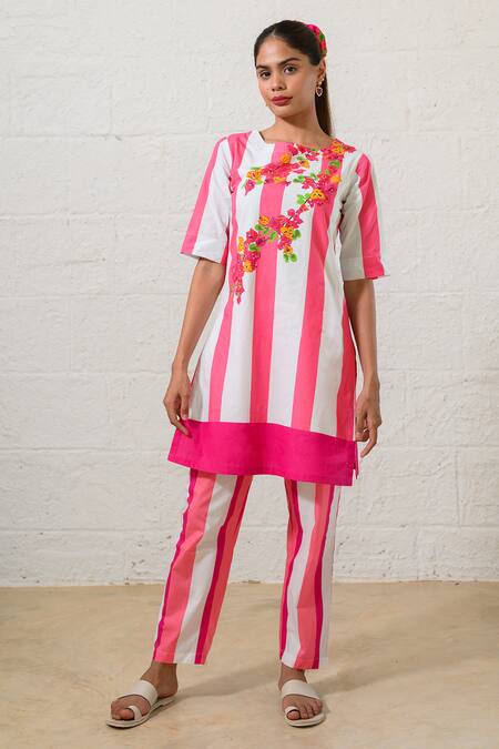 Buy Prachi Kamat Pink Poplin Embroidery Round Neck And White Striped Kurta Pant Set Online at Aza Fashions Buy_Prachi Kamat_Pink Poplin Embroidery Round Neck And White Striped Kurta Pant Set _Online_at_Aza_Fashions