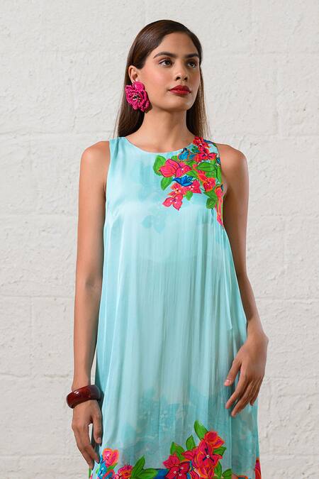 Prachi Kamat Blue Modal, Satin Round Neck Floral Print Designer Dress Online at Aza Fashions Prachi Kamat_Blue Modal, Satin Round Neck Floral Print Designer Dress _Online_at_Aza_Fashions
