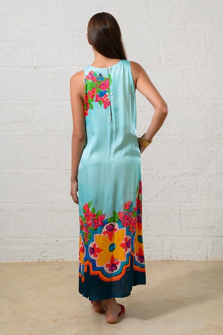 Shop Prachi Kamat Blue Modal, Satin Round Neck Floral Print Designer Dress at Aza Fashions Shop_Prachi Kamat_Blue Modal, Satin Round Neck Floral Print Designer Dress _at_Aza_Fashions