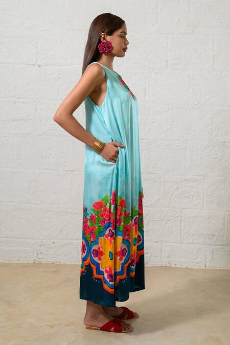 Shop Prachi Kamat Blue Modal, Satin Round Neck Floral Print Designer Dress Online at Aza Fashions Shop_Prachi Kamat_Blue Modal, Satin Round Neck Floral Print Designer Dress _Online_at_Aza_Fashions