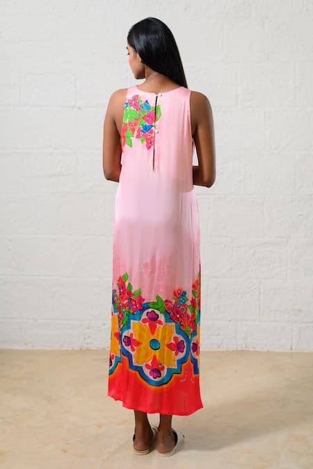 Shop Prachi Kamat Pink Modal, Satin Embroidery Round Neck Floral Print Dress at Aza Fashions Shop_Prachi Kamat_Pink Modal, Satin Embroidery Round Neck Floral Print Dress _at_Aza_Fashions